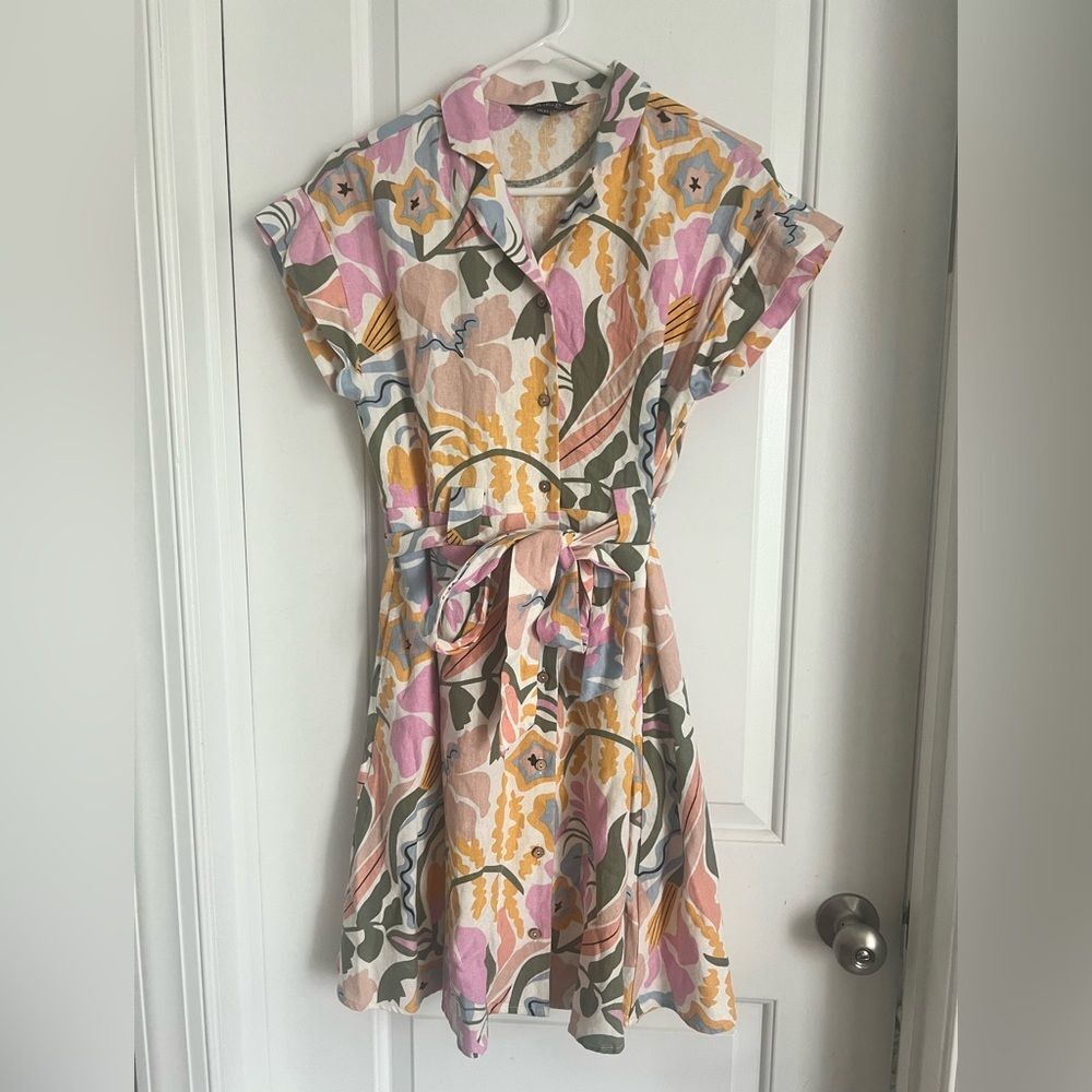 CHARLIE B Linen Blend Short Sleeve Button-Front Dress | XS